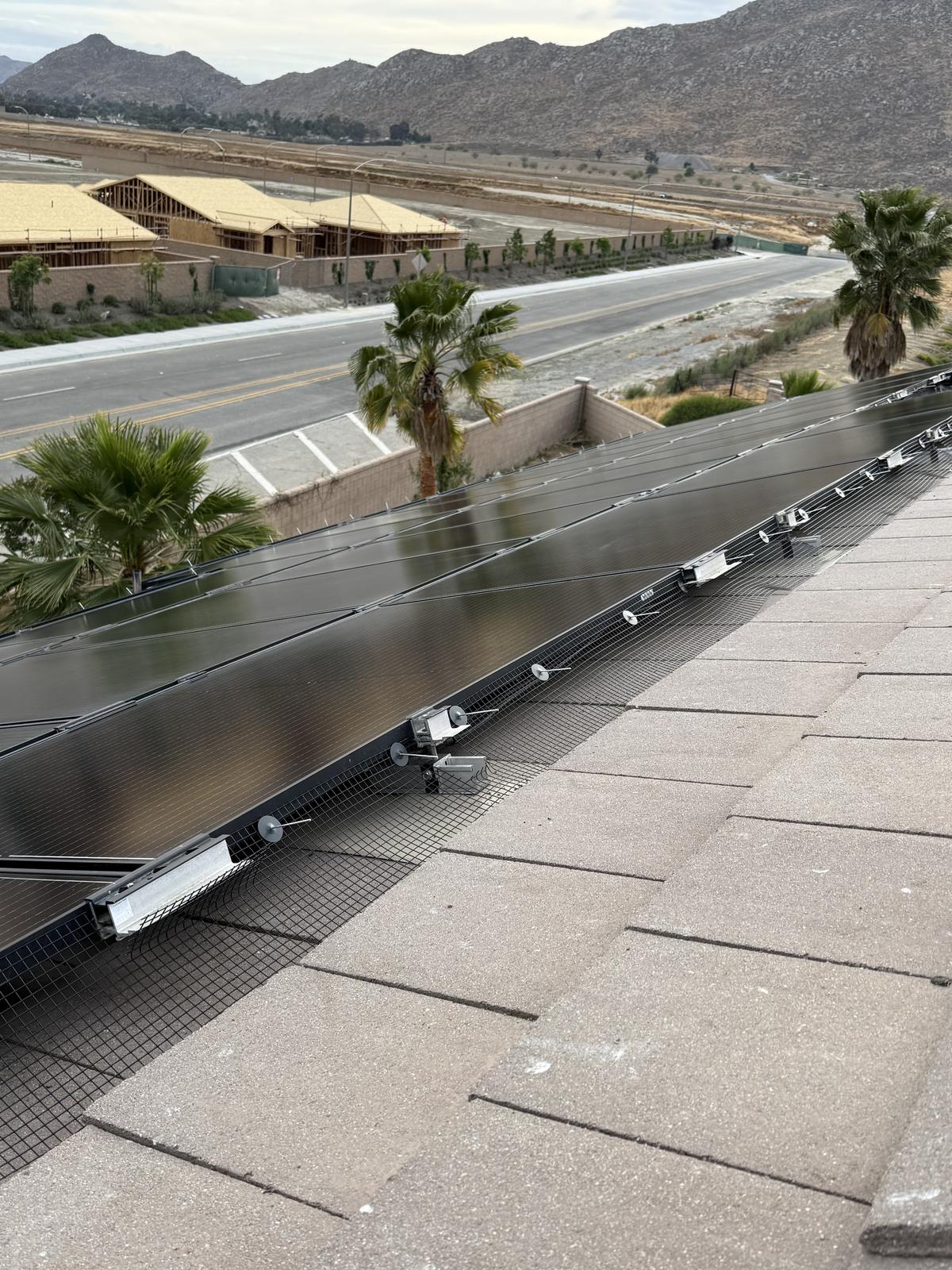 Rust-resistant mesh sealing a residential solar array against pigeons
