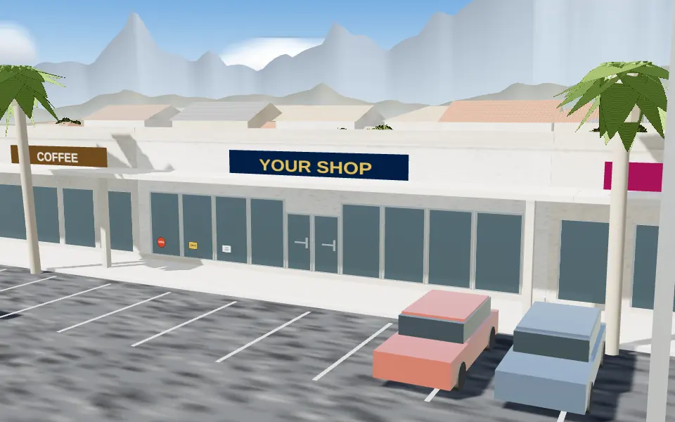3D model of a storefront with clean glass doors and panes