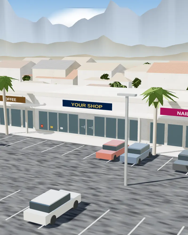 3D model of a storefront with clean glass doors, panes and window stickers