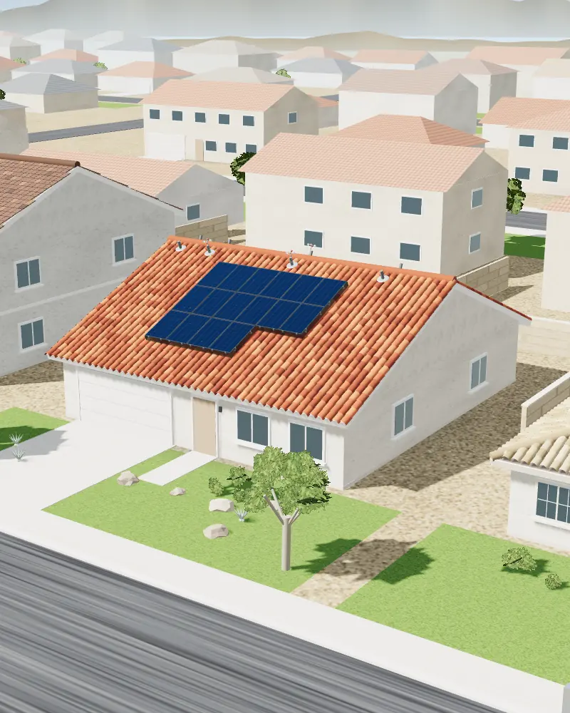 3D model of a High Desert home with clean windows, washed solar panels, pigeon mesh and spinners